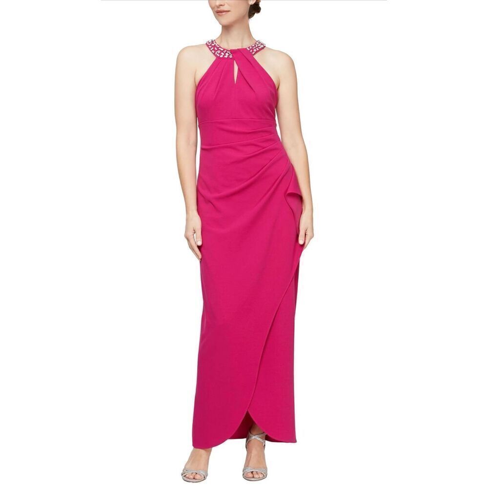 NEW SLNY Maxi Long Crepe Dress Embellished Halter Neckline 6 - Picture 1 of 4